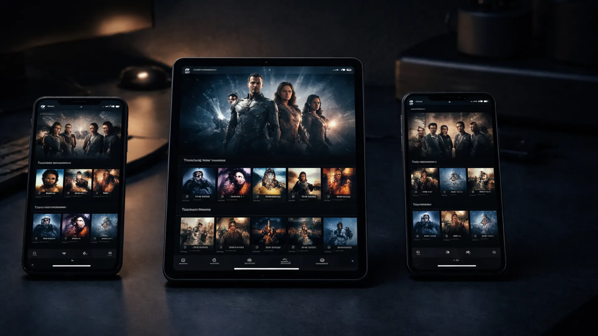 Three devices showing different IPTV apps on screen