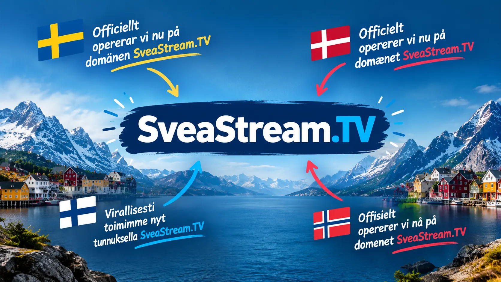 SveaStream.TV-logo pohjoismaisen vuonon yllä Suomen, Ruotsin, Norjan ja Tanskan lippujen kanssa